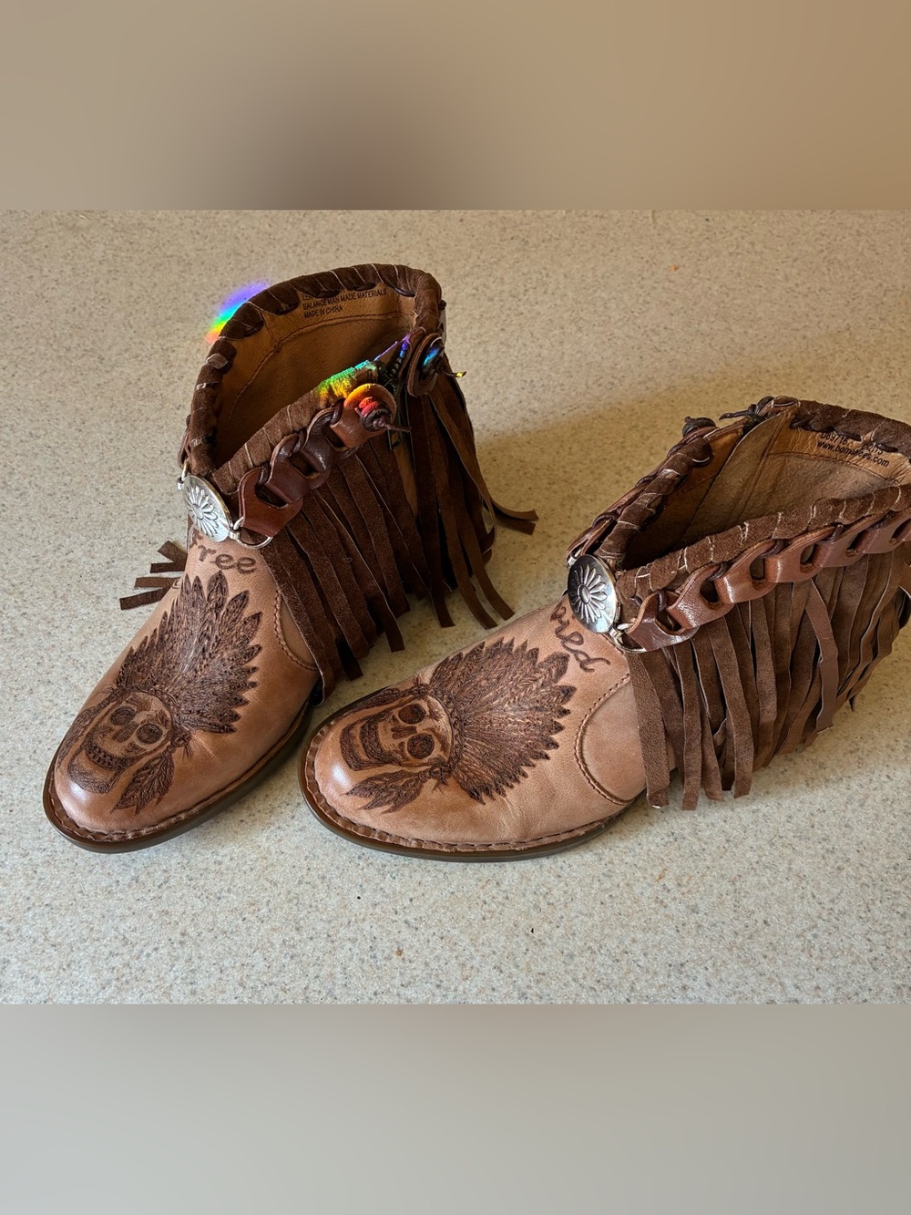 Born Tan Distressed Leather Fringe Ankle Boot with Etched Skull - Picture 3 of 5